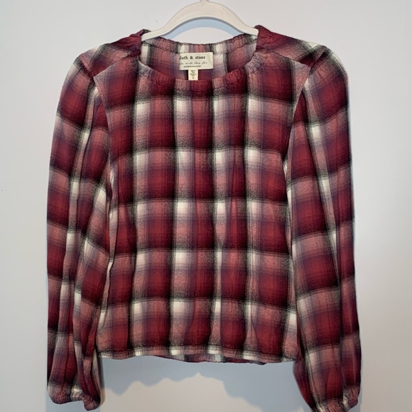 Cloth & Stone for Anthropologie Glacier Plaid Blouse Balloon Sleeves Berry Pink - Picture 2 of 5